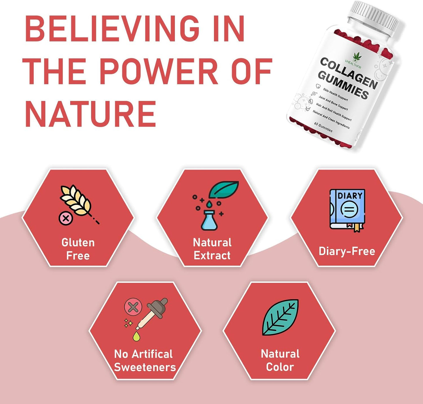 Hydrolyzed Collagen Gummies with Peptides Type I II III V X for Hair, Skin & Nails - Uhealthfri Collagen Peptides for Men and Women