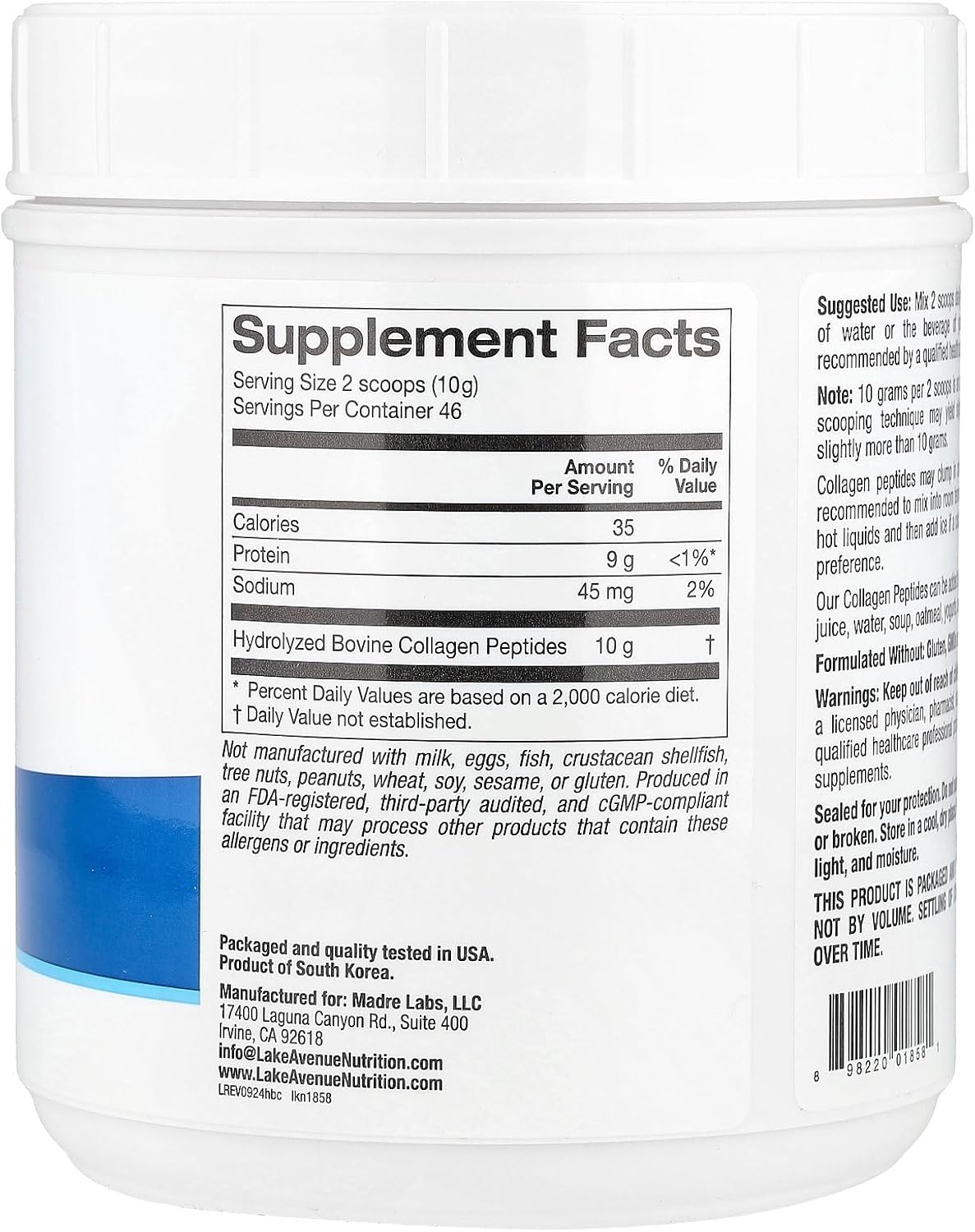 Hydrolyzed Collagen Peptides Type I & III Powder, Unflavored, 1.01 lb (460 g) - Lake Avenue Nutrition