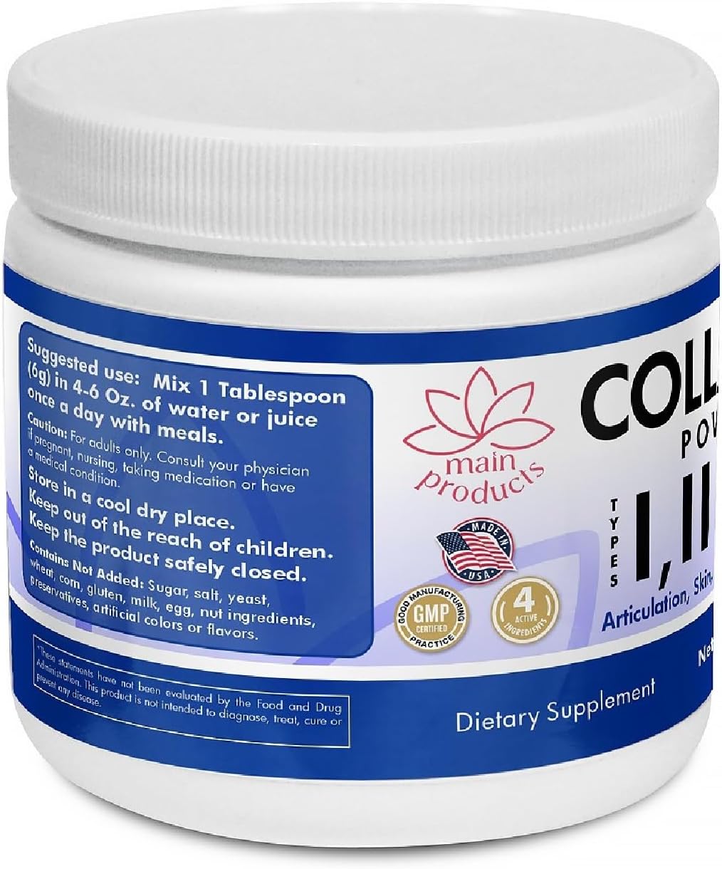 Hydrolyzed Collagen Powder with Hyaluronic Acid for Articulation, Skin, Hair, Nails - 6.3 Oz, Types I, II, III