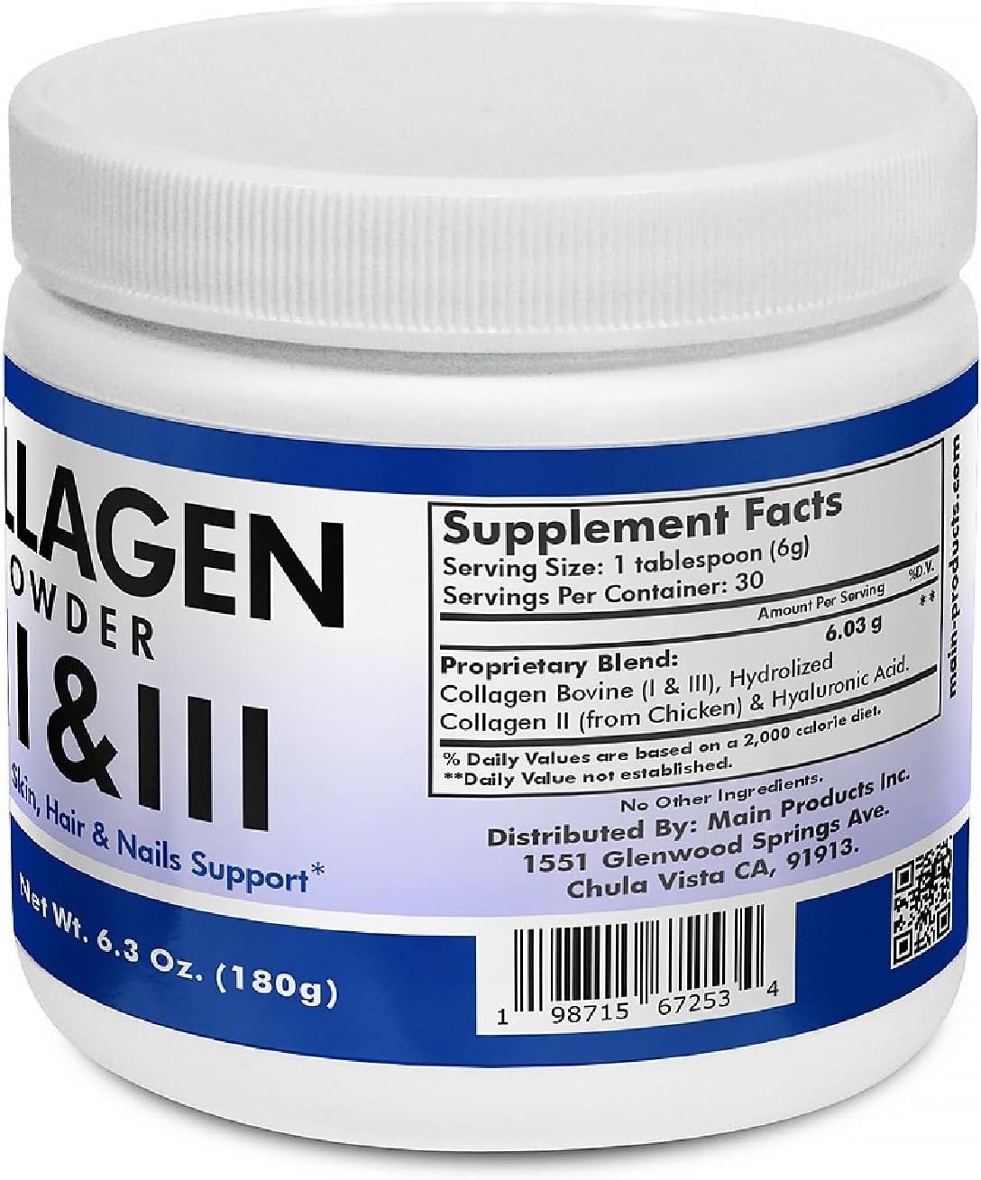 Hydrolyzed Collagen Powder with Hyaluronic Acid for Articulation, Skin, Hair, Nails - 6.3 Oz, Types I, II, III