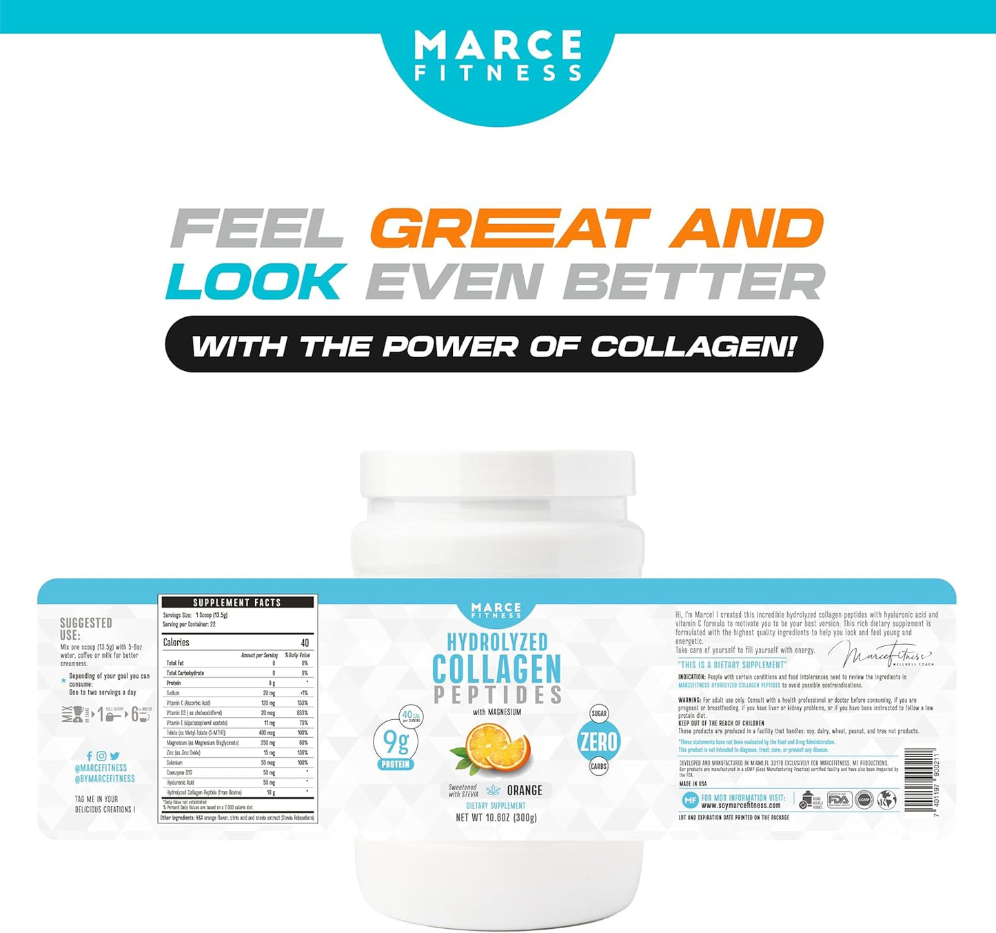Hydrolyzed Collagen Supplement in Orange Flavor by MARCE FITNESS