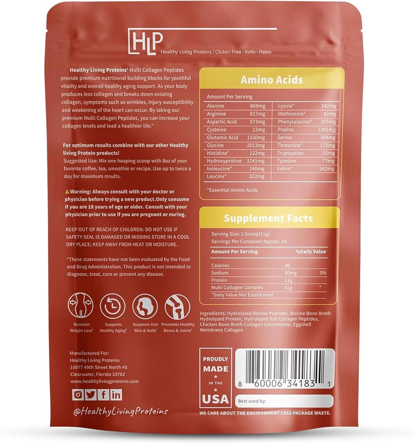 Hydrolyzed Multi Collagen Peptides Powder - Grass Fed Bovine, Wild Caught Marine, Free Range Chicken - Types I, II, III, V & X - Gluten Free - 10 oz Unflavored