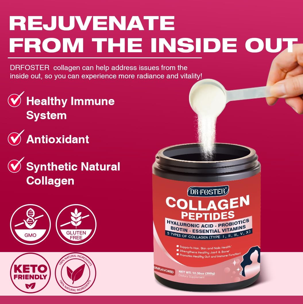 Hydrolyzed Multi Collagen Peptides Powder with Probiotics & Multivitamins - Supports Skin, Hair, Nails, Joints, & Gut - 35 Servings