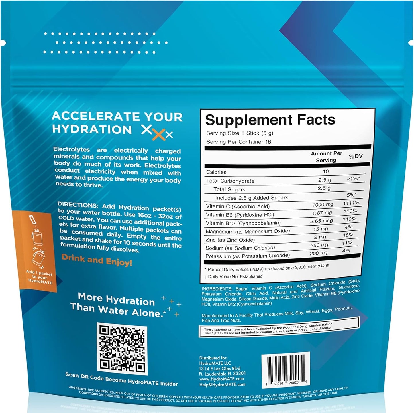 HydroMATE Electrolytes Powder Packets - 16 Instant Hydration Packets with Vitamin C and Low Sugar for Fast Recovery