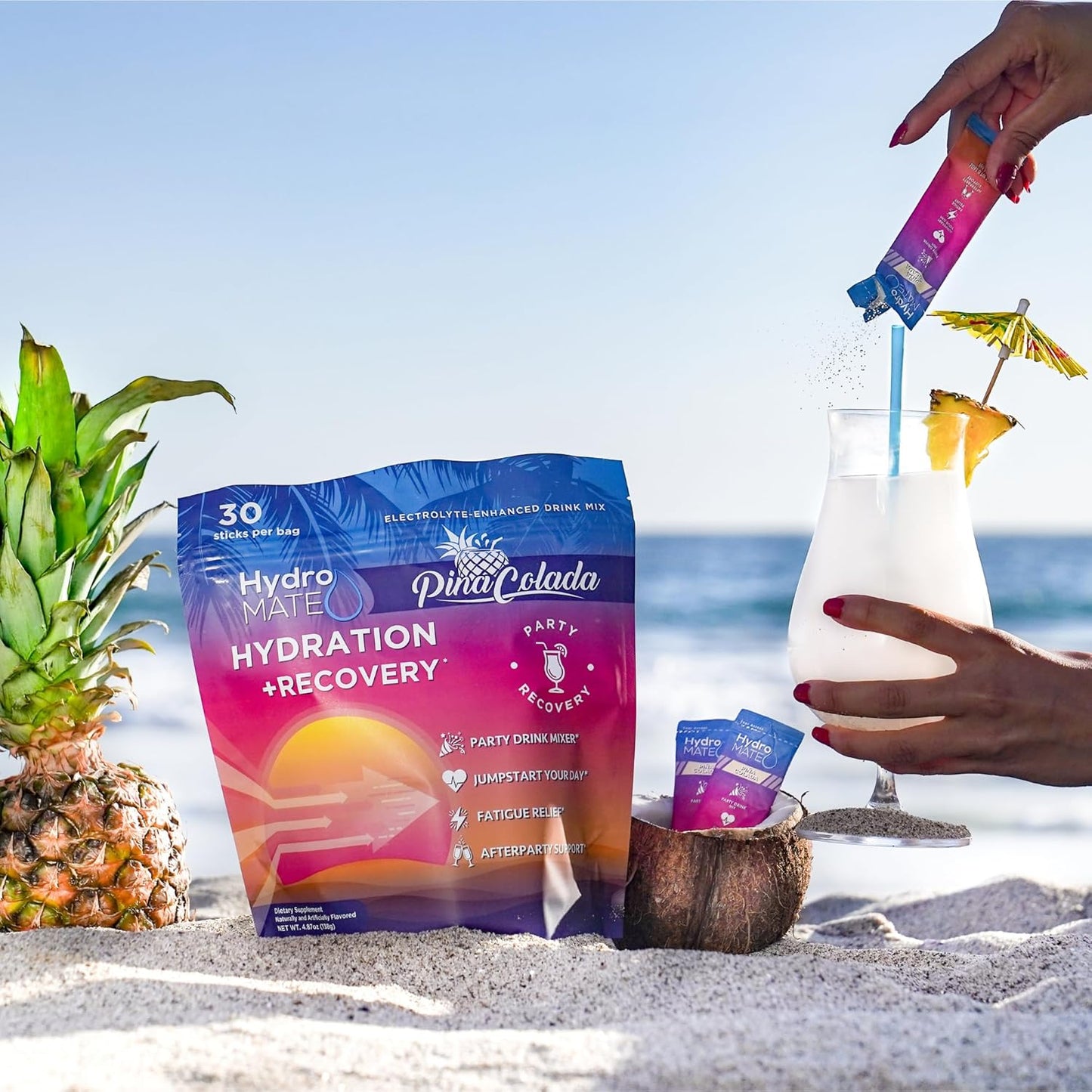 HydroMATE Pineapple Electrolyte Powder Packets - 16 Sticks for Tropical Piña Colada Hydration & Recovery, Low Sugar Formula
