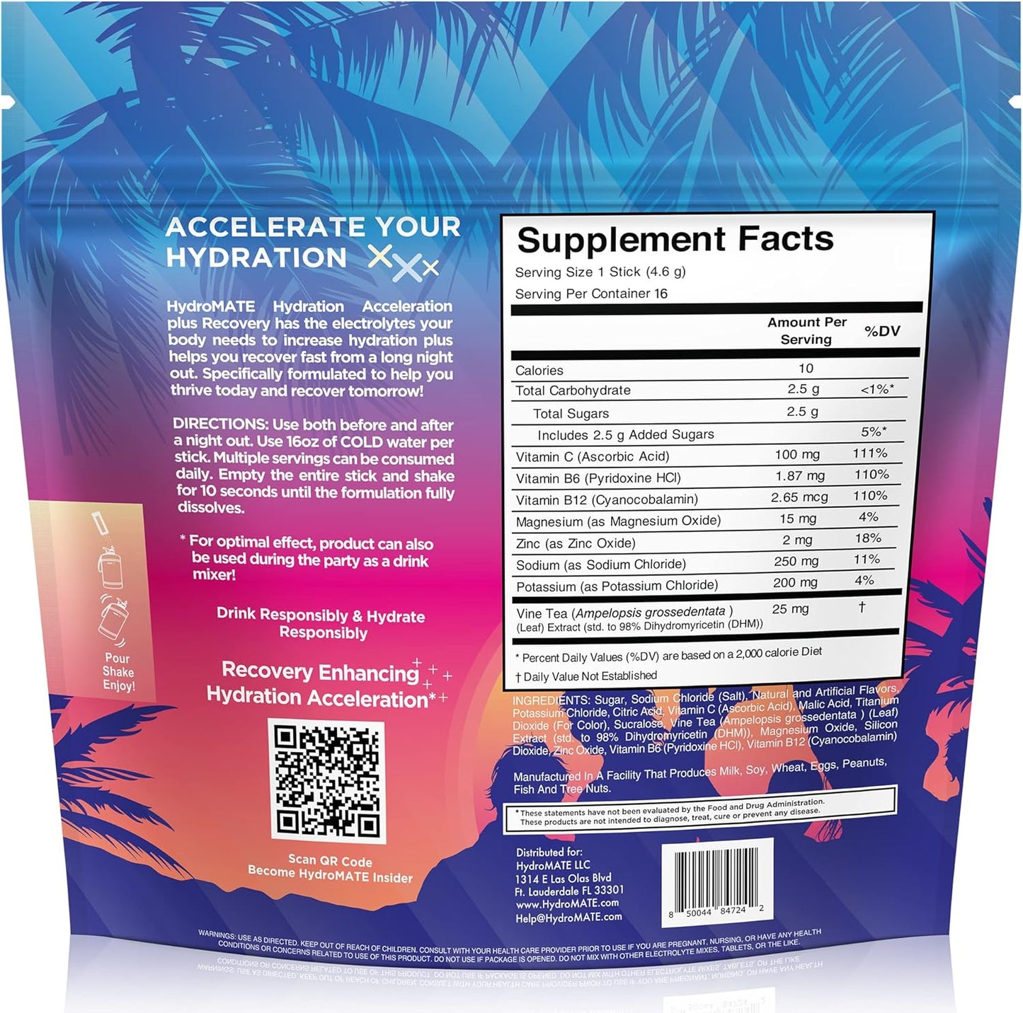 HydroMATE Pineapple Electrolyte Powder Packets - 16 Sticks for Tropical Piña Colada Hydration & Recovery, Low Sugar Formula