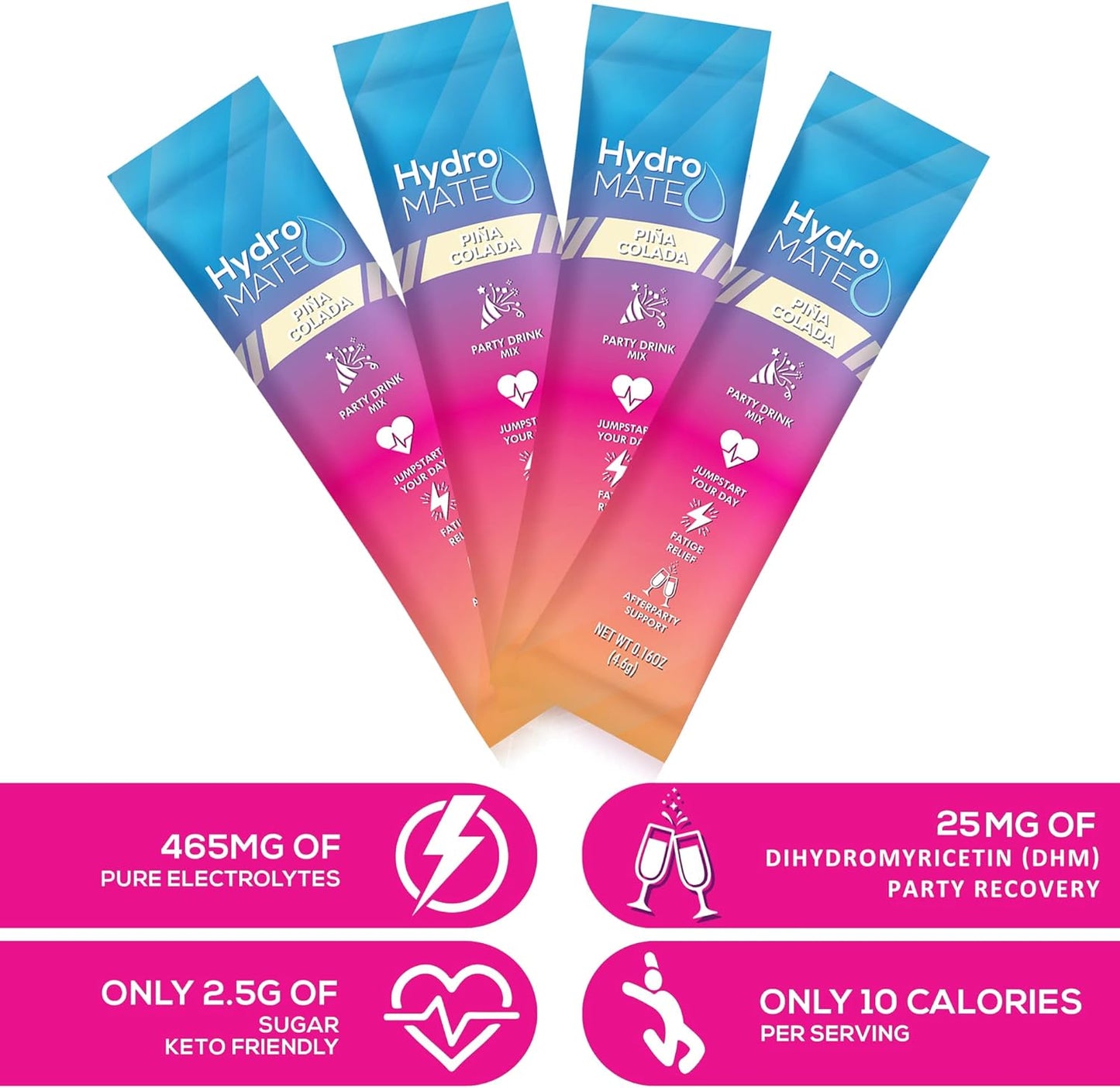 HydroMATE Pineapple Electrolyte Powder Packets - 16 Sticks for Tropical Piña Colada Hydration & Recovery, Low Sugar Formula
