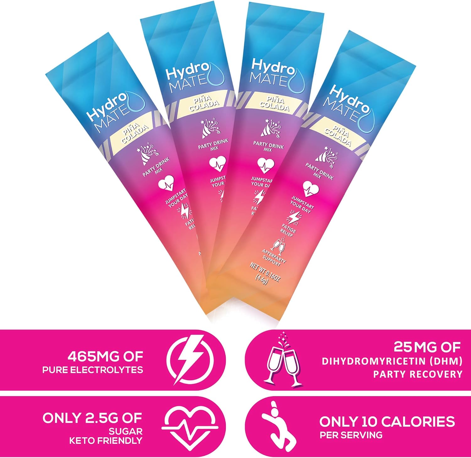 HydroMATE Pineapple Electrolyte Powder Packets - 16 Sticks for Tropical Piña Colada Hydration & Recovery, Low Sugar Formula