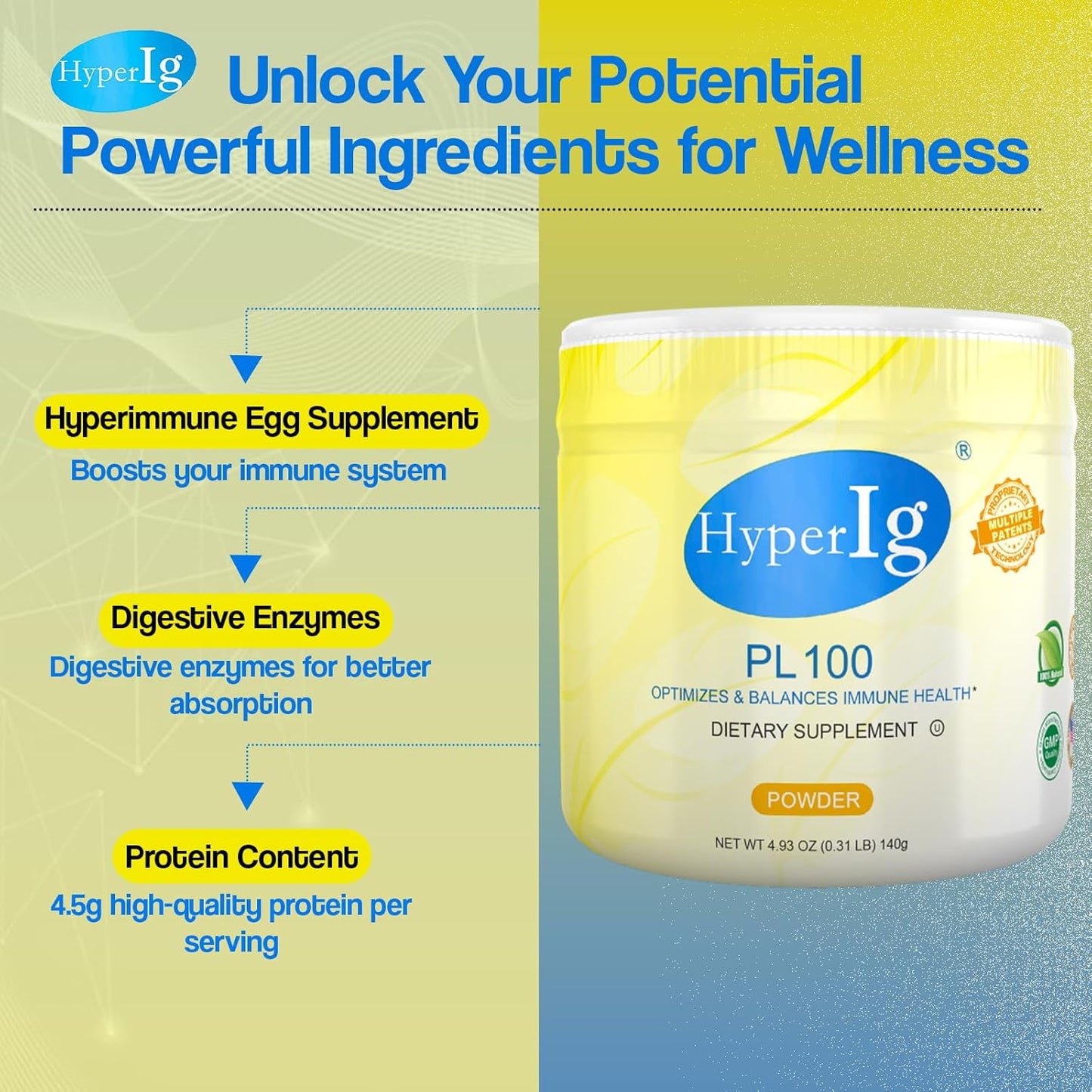 HyperIG PL-100 Original Hyperimmune Egg Protein Powder - Boost Immunity, Support Digestion, Joints, Energy, and Muscles - 140g Canister