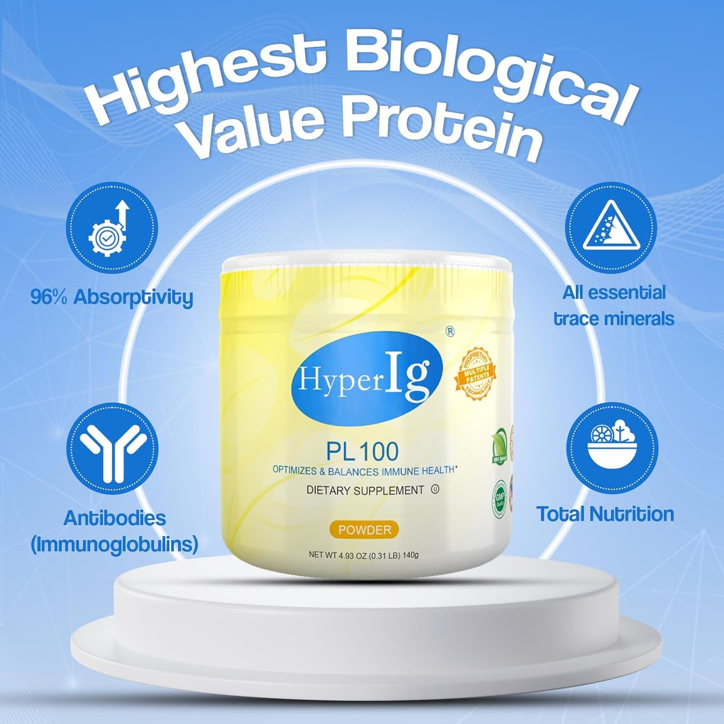 HyperIG PL-100 Original Hyperimmune Egg Protein Powder - Boost Immunity, Support Digestion, Joints, Energy, and Muscles - 140g Canister