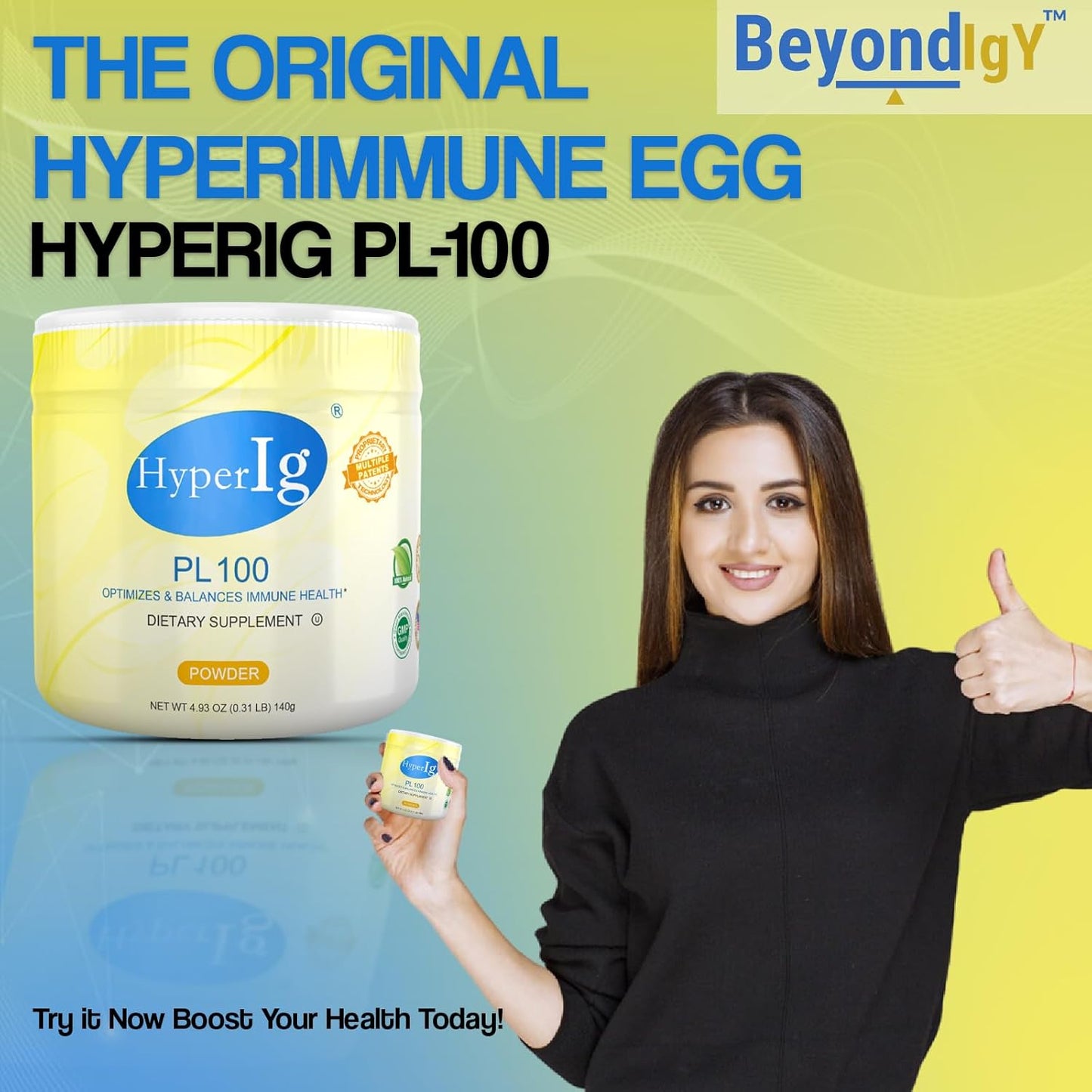 HyperIG PL-100 Original Hyperimmune Egg Protein Powder - Boost Immunity, Support Digestion, Joints, Energy, and Muscles - 140g Canister