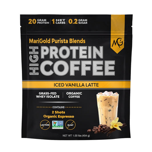 Iced Vanilla Latte with MariGold Grass-Fed Whey Protein Isolate - Energy Boost, 2 Shots Espresso, Non-GMO - 1lb Bag
