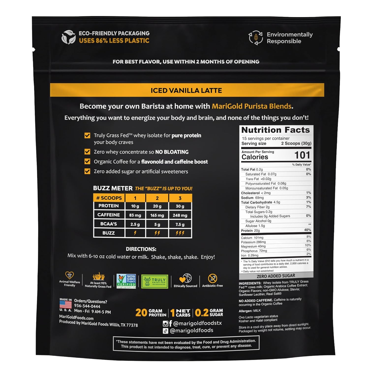 Iced Vanilla Latte with MariGold Grass-Fed Whey Protein Isolate - Energy Boost, 2 Shots Espresso, Non-GMO - 1lb Bag