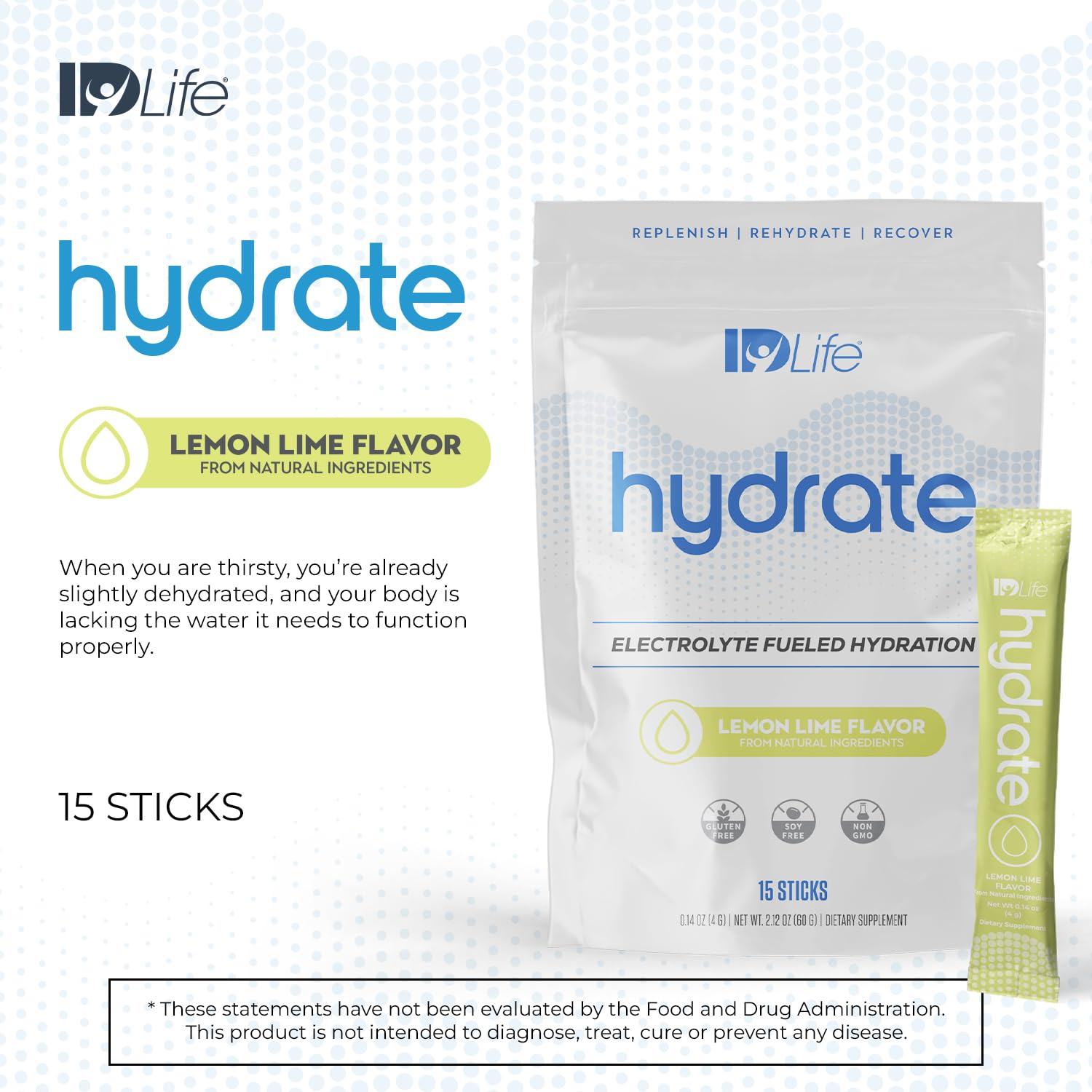 IDLife Lemon Lime Hydrate Drink Powder - Electrolyte-Rich Hydration with Vitamins, MCTs, and Minerals - 15 Sticks