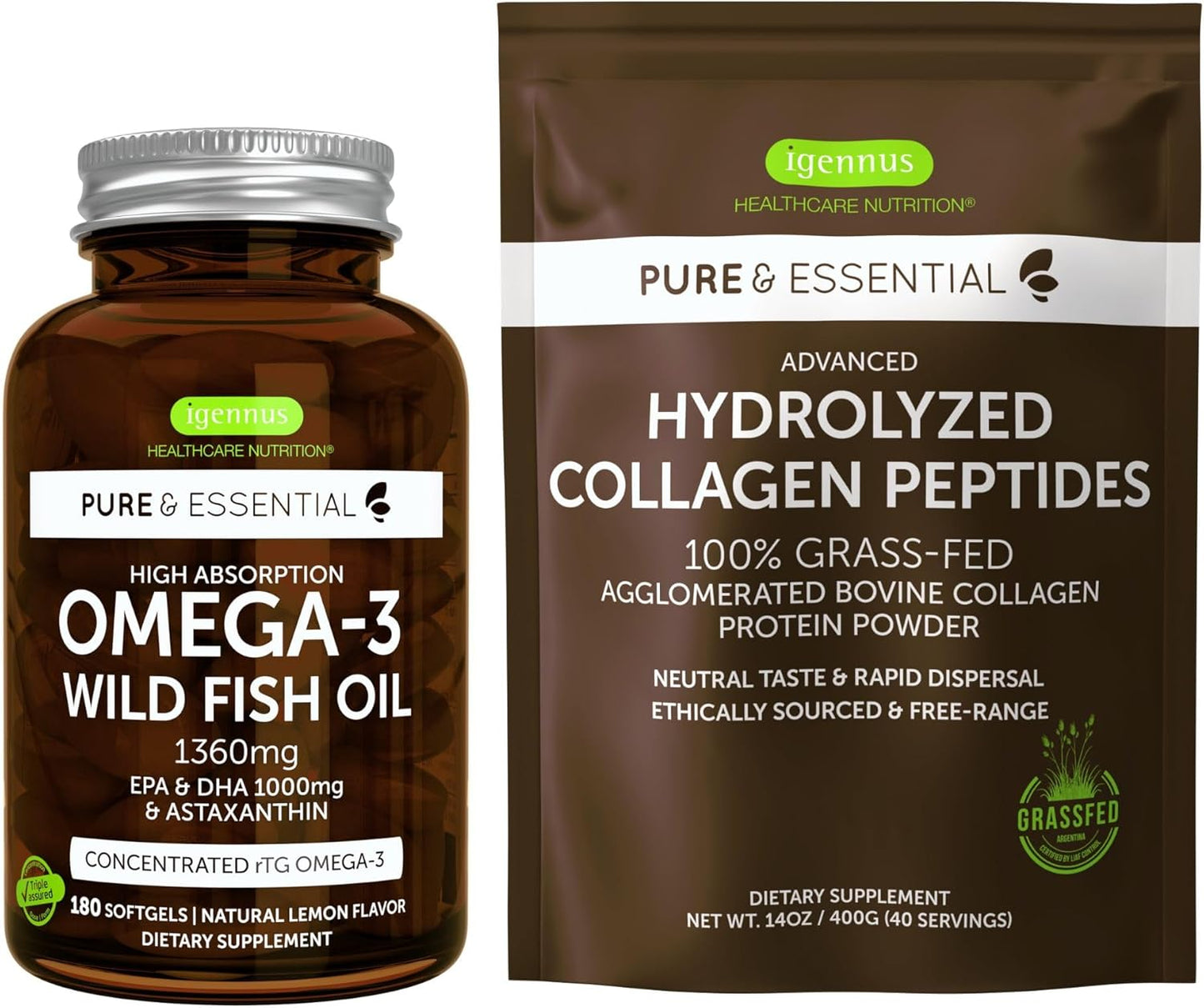 Igennus Omega-3 Fish Oil & Collagen Peptides Bundle - High Absorption, Astaxanthin, Grass Fed Protein