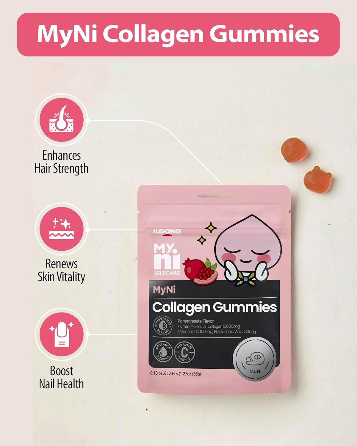 Ildong Marine Collagen Gummies (12 Count) - 2,000mg Low-Molecular Weight Fish Collagen Supplement for Skin, Hair & Nails with Vitamin C and Hyaluronic Acid