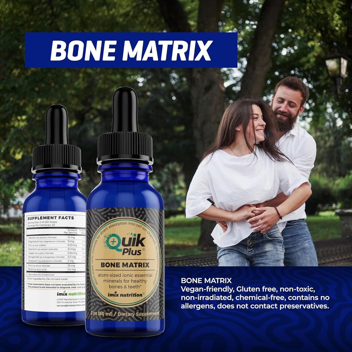 Imix Nutrition QuikPlus Bone Matrix Supplement with Calcium, Magnesium, Zinc, and Potassium - Vegan, Gluten-Free, All Natural Formula with Ionic Liquid Minerals and Collagenizer for Bone and Teeth Support (2 Oz)