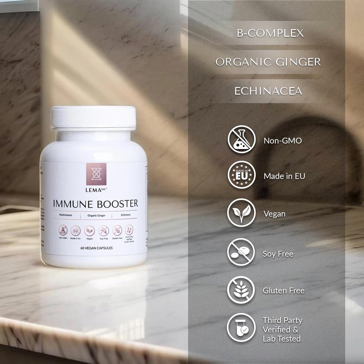 Immune Boosting Vegan Capsules with B-Complex, Vitamin C & E, Ginger, Echinacea - Antioxidant Formula for Immune Support & Energy