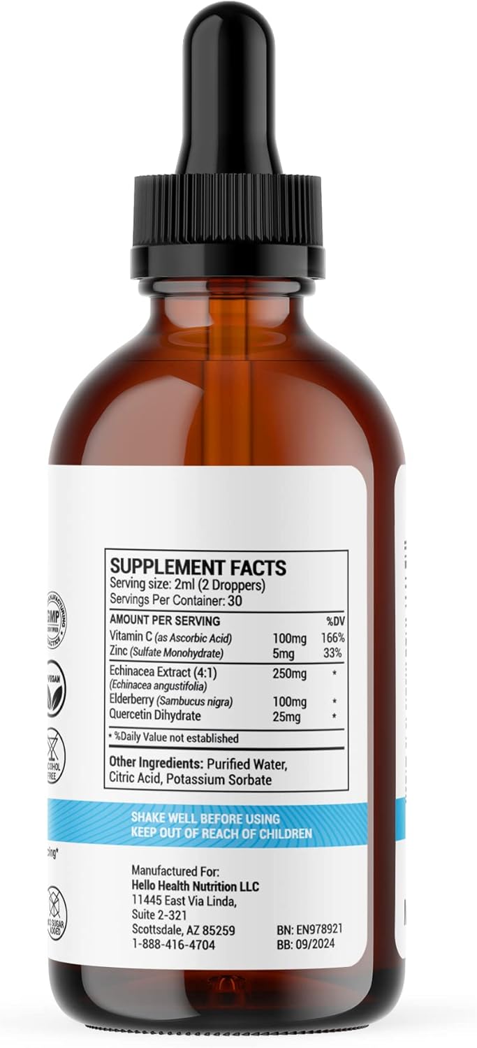 Immune Support Liquid Drops: 5-In-1 Daily Vitamins with Quercetin, Echinacea, Elderberry, Zinc, and Vitamin C - Adult Immunity Booster - 30 Day Supply