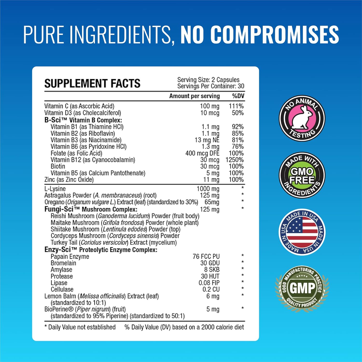 Immune Support Supplement with L-Lysine, Vitamin B Blend, and Mushroom Blend - 60 Capsules