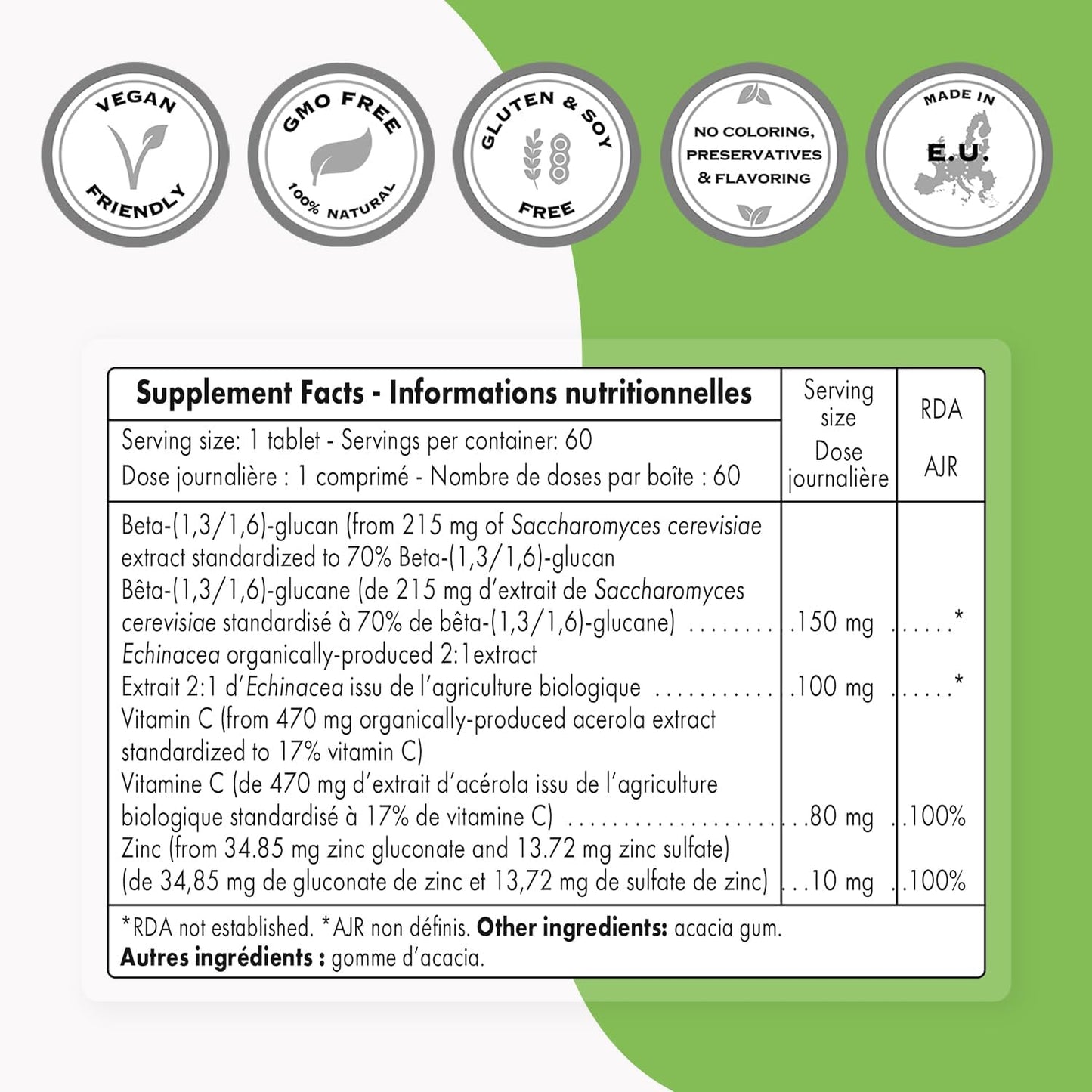 Immunity Booster Tablets with Echinacea Extract, Beta Glucans, Vitamin C & Zinc for Sore Throat - Non-GMO & Gluten Free - 60 Tablets