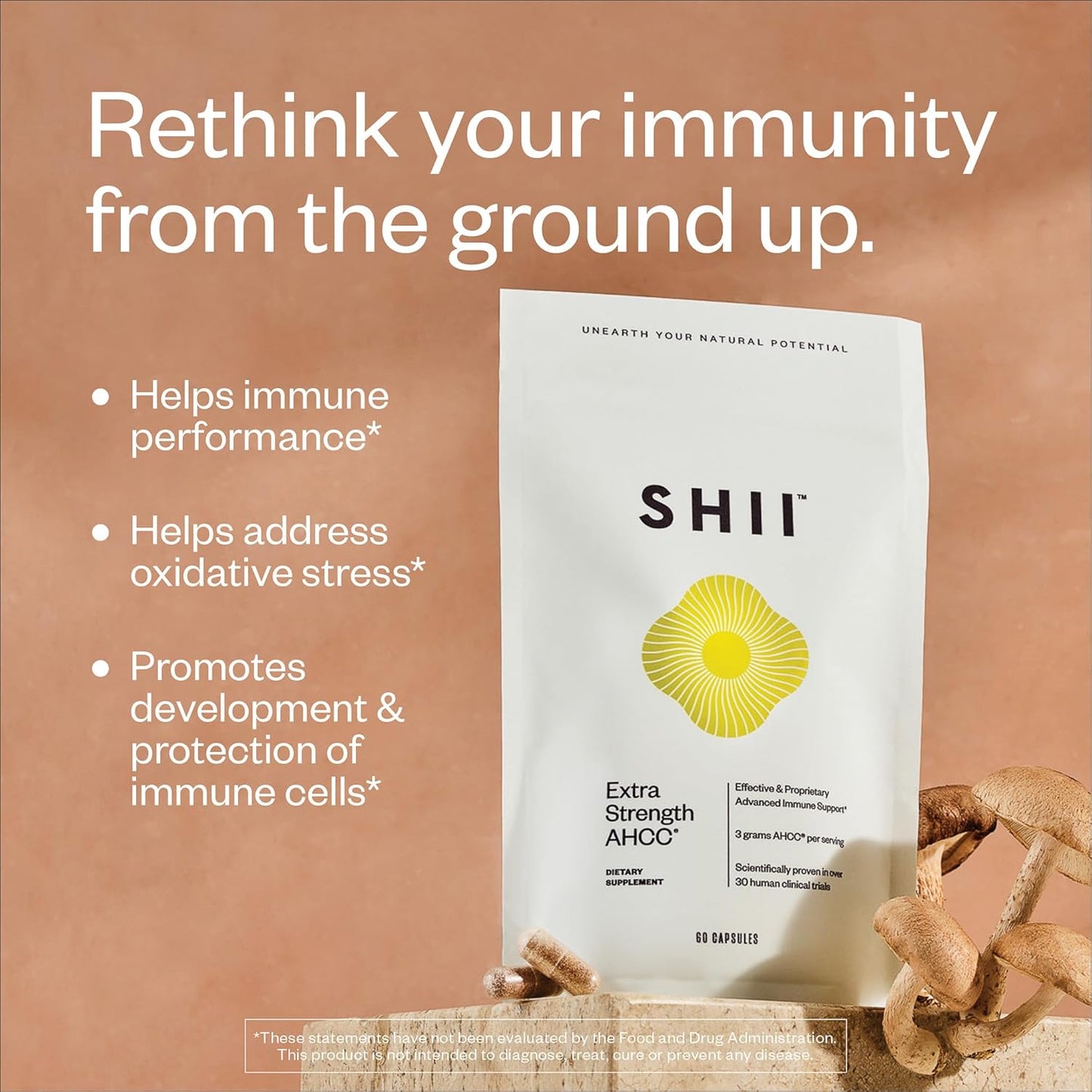 Immunity Boosting AHCC Mushroom Supplement with Vitamin D3, C, and Zinc - Vegan and Gluten-Free