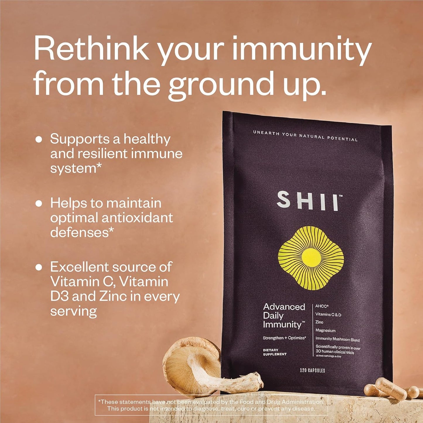 Immunity Boosting AHCC Mushroom Supplement with Vitamin D3, C, and Zinc - Vegan and Gluten-Free
