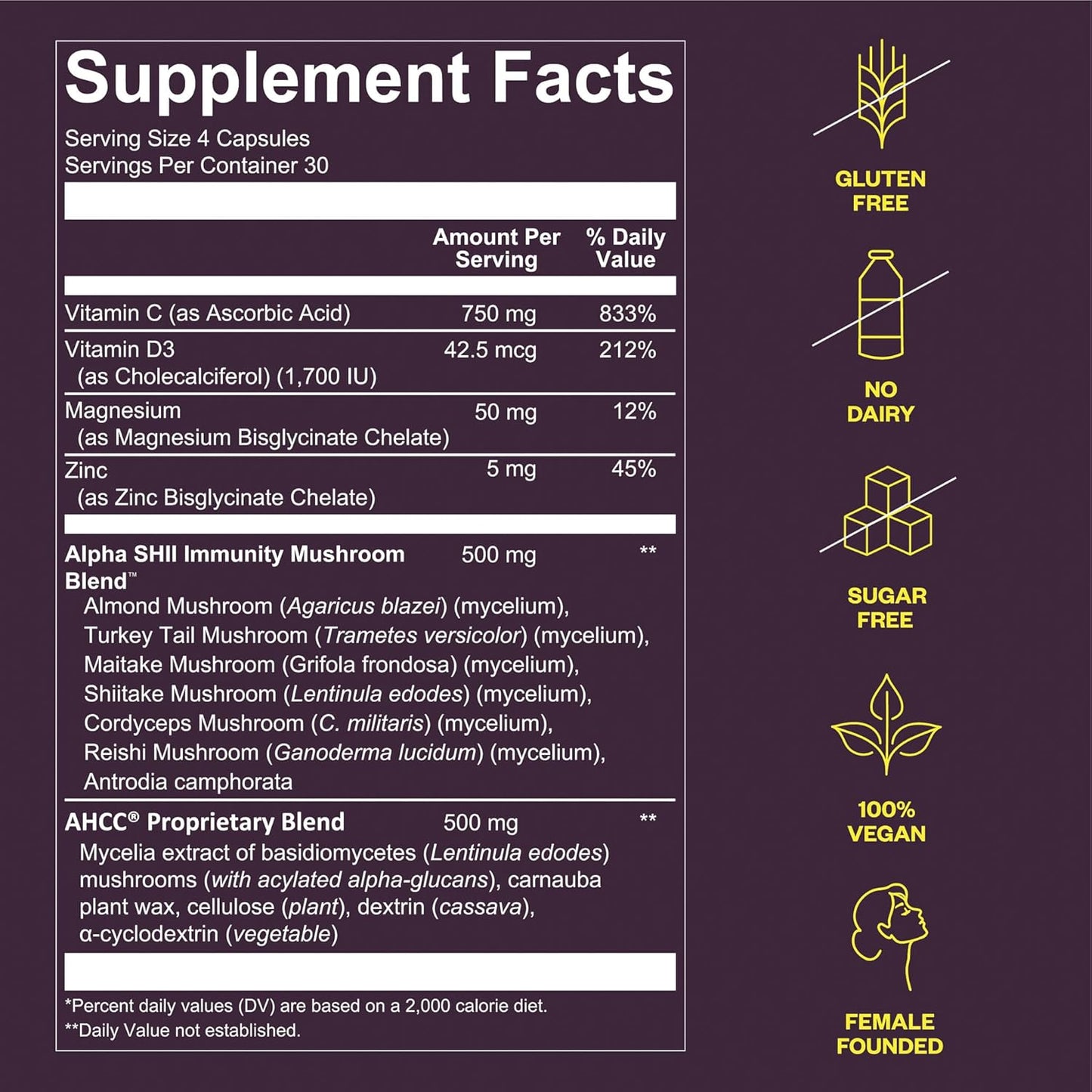 Immunity Boosting AHCC Mushroom Supplement with Vitamin D3, C, and Zinc - Vegan and Gluten-Free