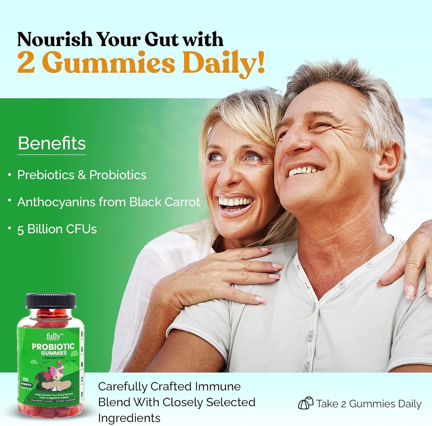 Immunity Fiber Gummies for Women & Men: Probiotics + Prebiotics, 5 Billion CFUs, Non-GMO, Gluten Free, 100 Gummies