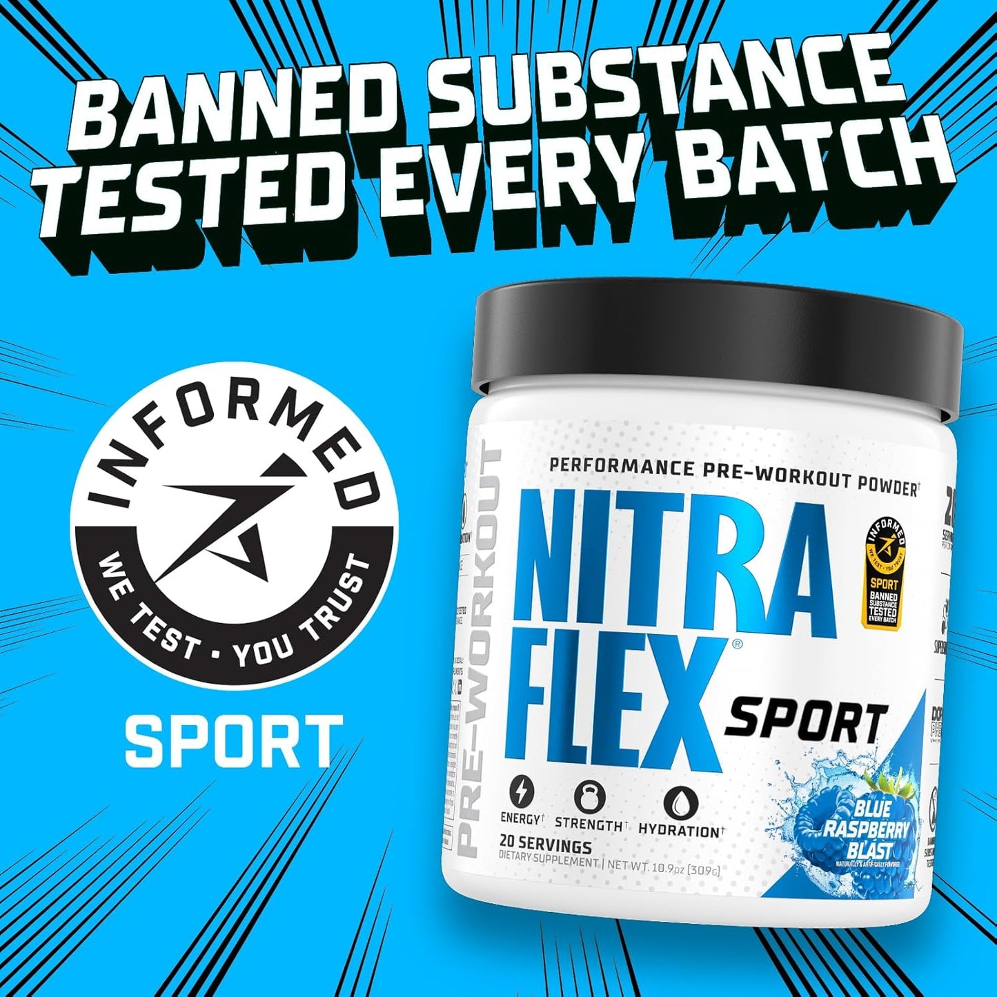 Informed Choice Certified Blue Raspberry Pre-Workout Powder with Hydration and Amino Acids for 20 Servings
