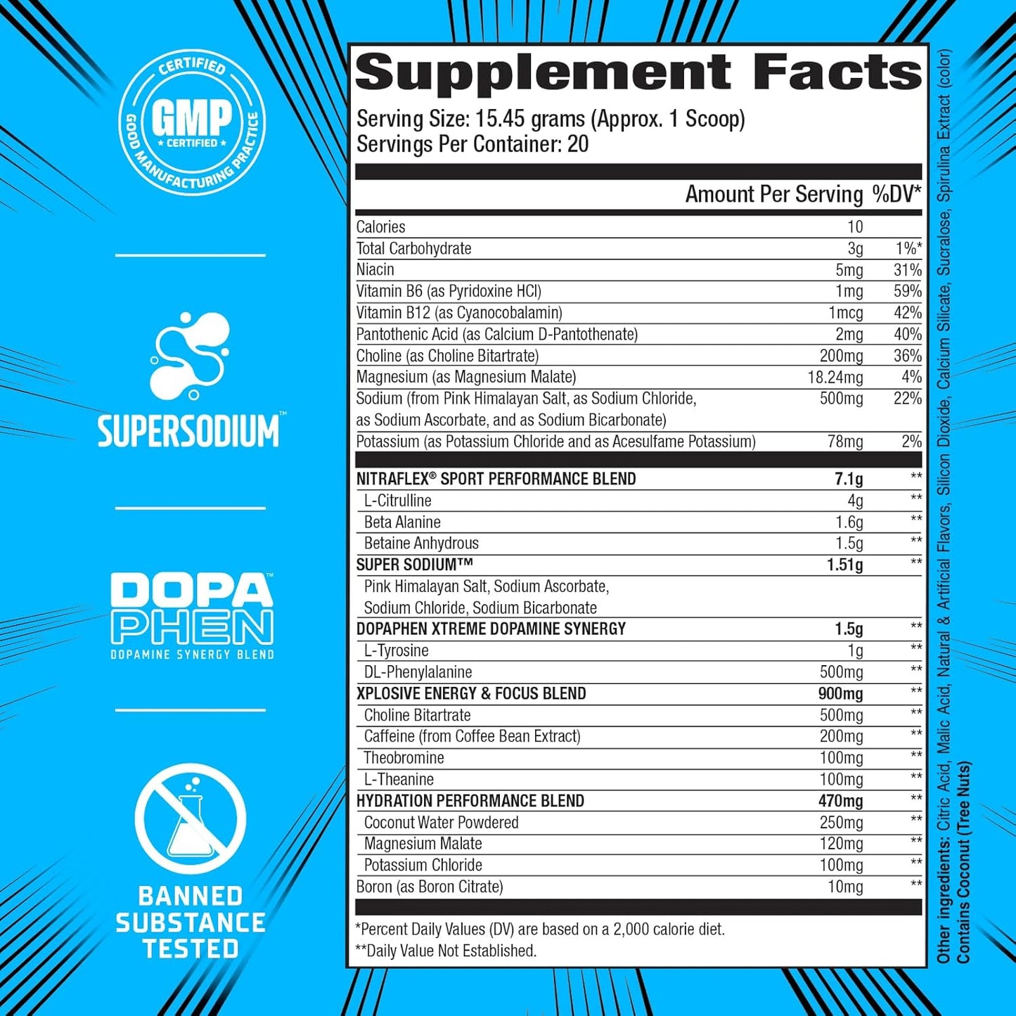 Informed Choice Certified Blue Raspberry Pre-Workout Powder with Hydration and Amino Acids for 20 Servings