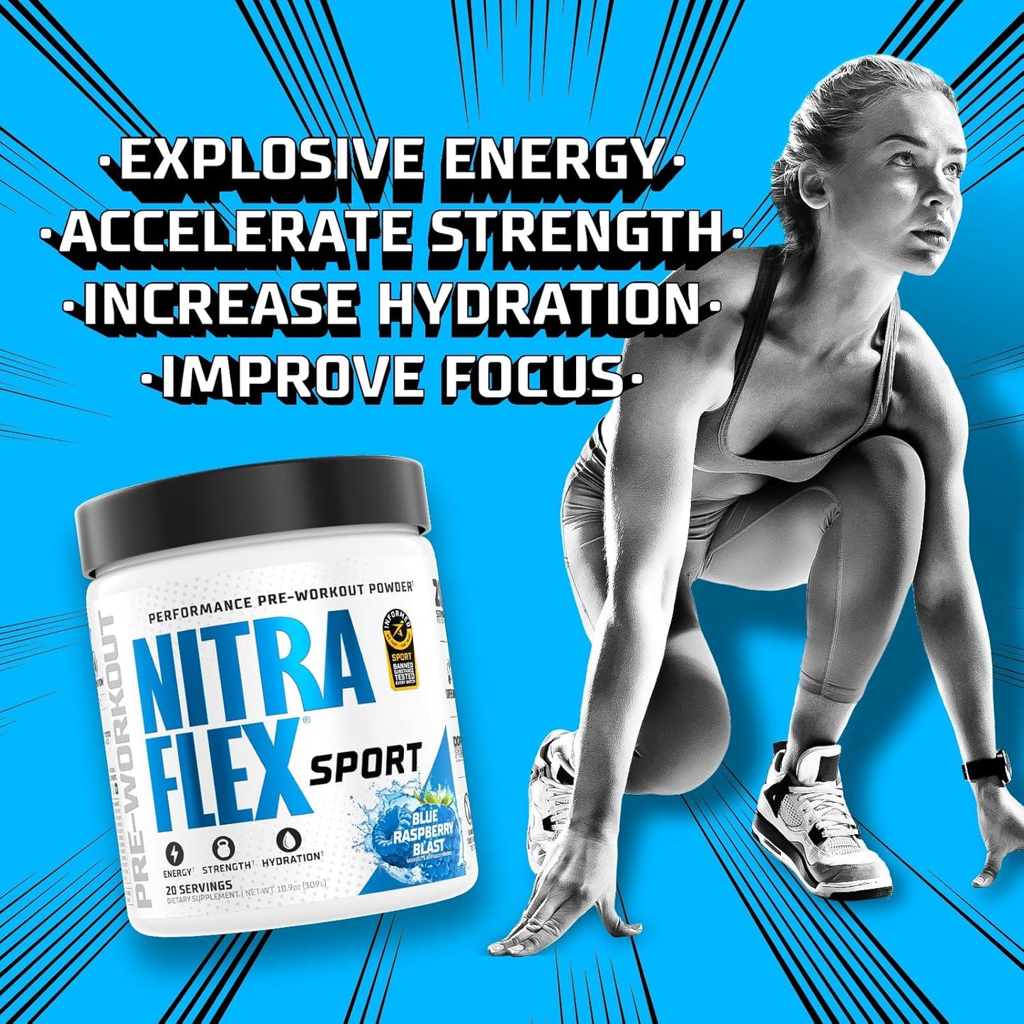 Informed Choice Certified Blue Raspberry Pre-Workout Powder with Hydration and Amino Acids for 20 Servings