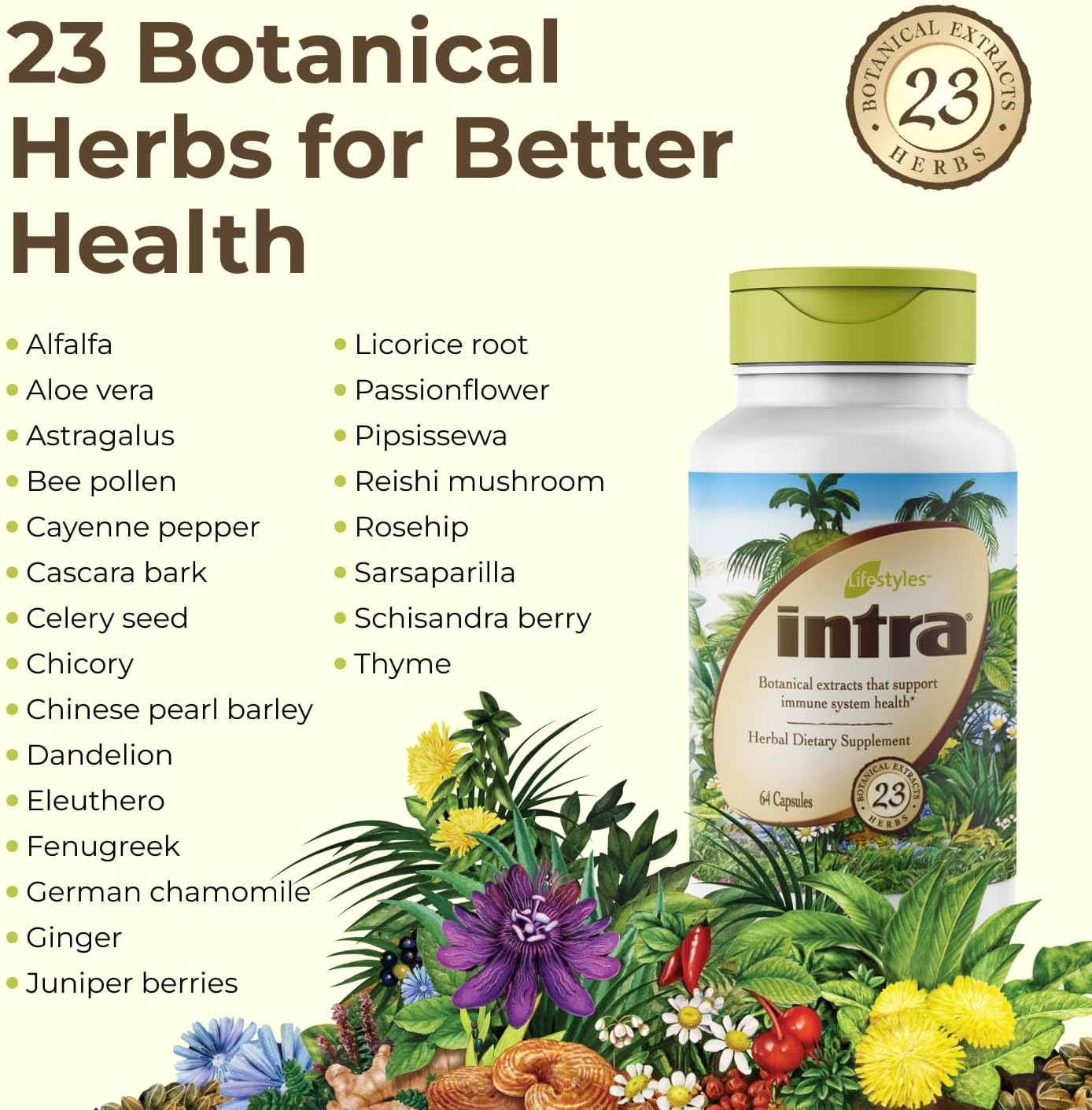 Intra Lifestyles Capsules: Immune, Detox, Digestive & Cardiovascular Support - 23 Botanical Extracts - Made in Canada - 64 Capsules