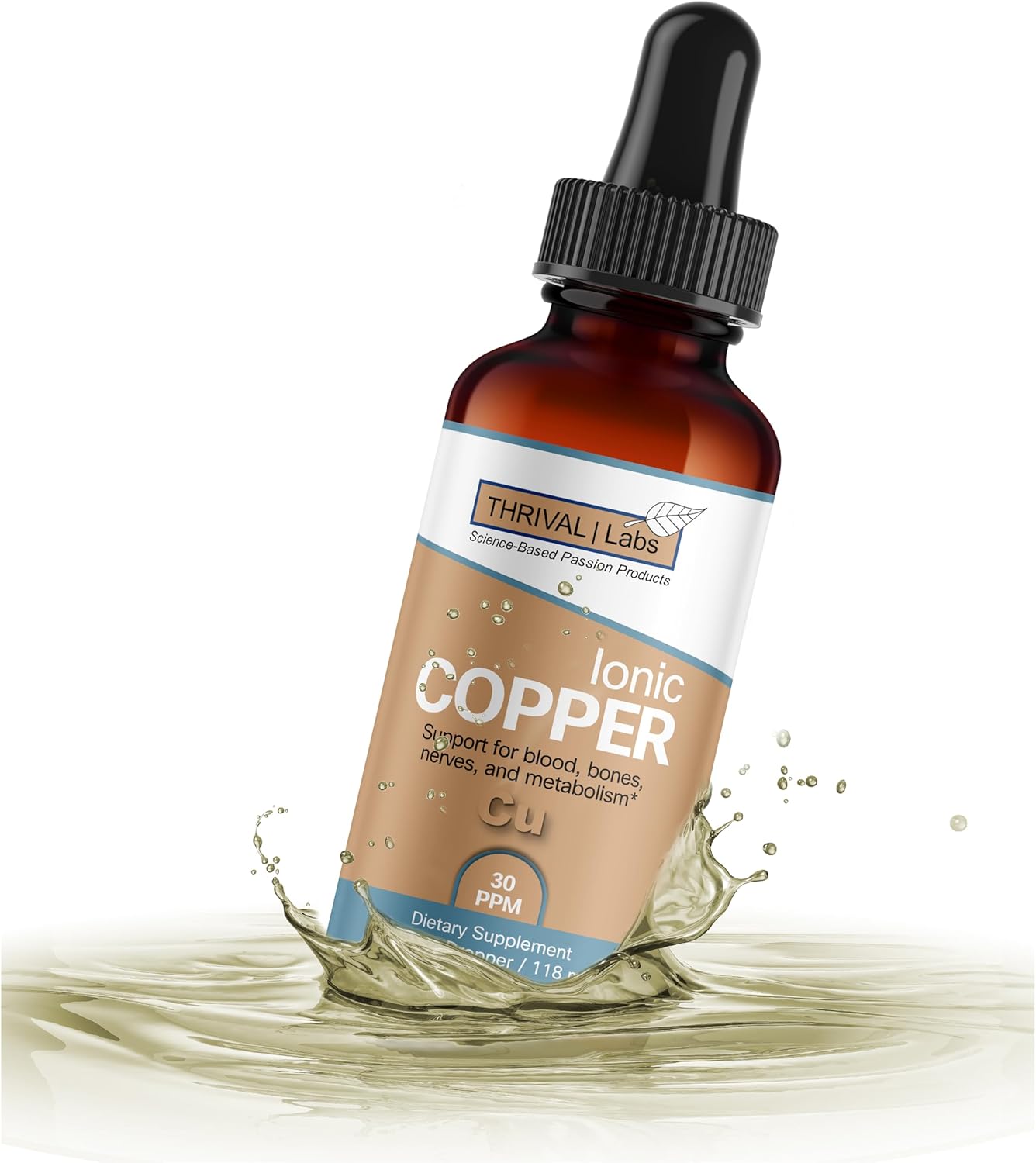 Ionic Colloidal Copper Liquid - 30 PPM for Mental Clarity, Nerve Function, Hair, Skin, Nails, Collagen, Red Blood Cells, Energy Production, Cholesterol, Blood Pressure - 4oz Dropper