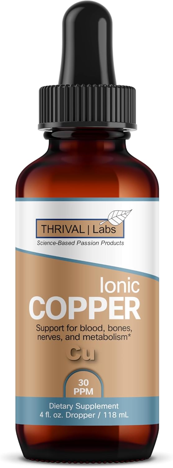 Ionic Colloidal Copper Liquid - 30 PPM for Mental Clarity, Nerve Function, Hair, Skin, Nails, Collagen, Red Blood Cells, Energy Production, Cholesterol, Blood Pressure - 4oz Dropper