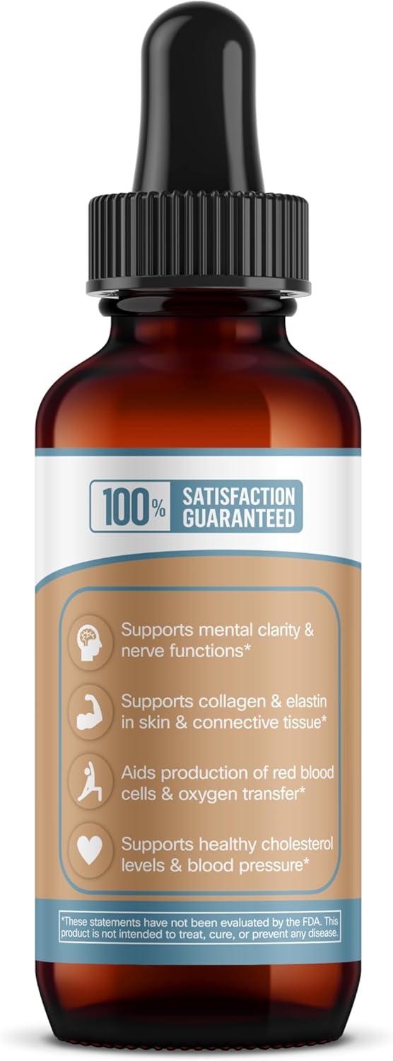 Ionic Colloidal Copper Liquid - 30 PPM for Mental Clarity, Nerve Function, Hair, Skin, Nails, Collagen, Red Blood Cells, Energy Production, Cholesterol, Blood Pressure - 4oz Dropper