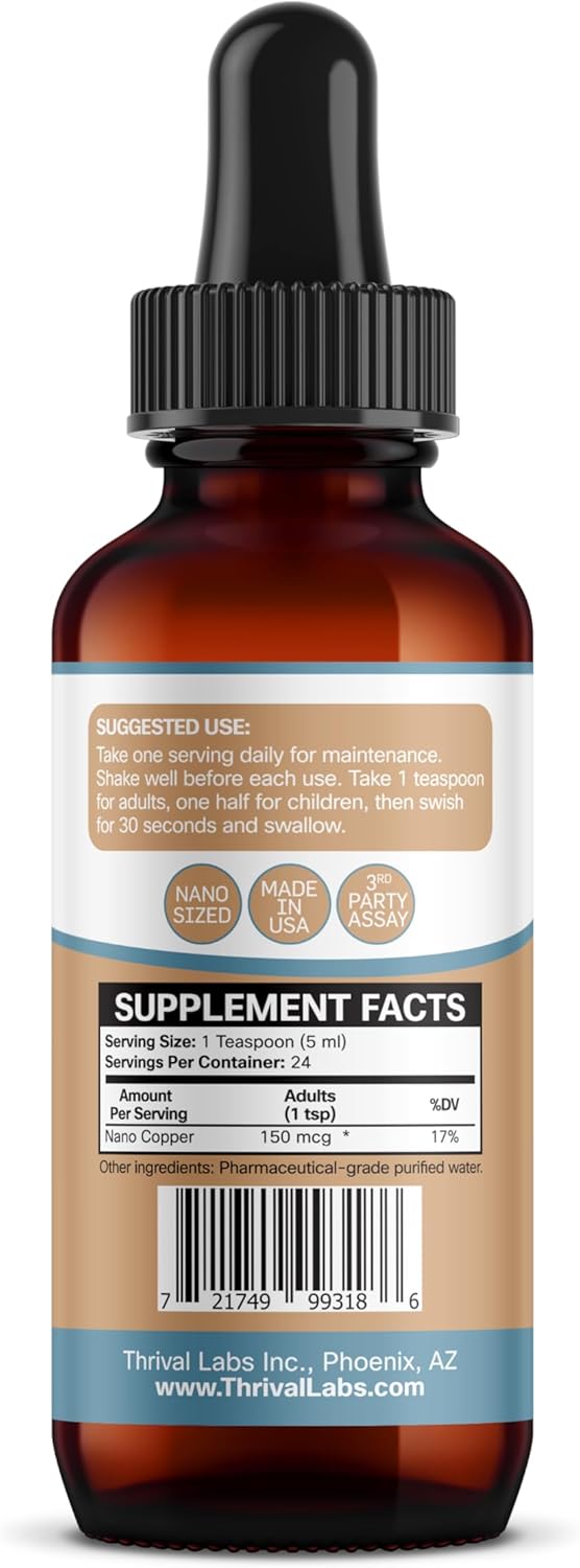 Ionic Colloidal Copper Liquid - 30 PPM for Mental Clarity, Nerve Function, Hair, Skin, Nails, Collagen, Red Blood Cells, Energy Production, Cholesterol, Blood Pressure - 4oz Dropper