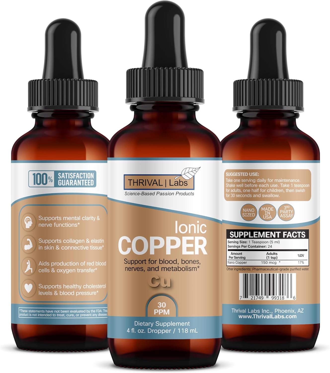 Ionic Colloidal Copper Liquid - 30 PPM for Mental Clarity, Nerve Function, Hair, Skin, Nails, Collagen, Red Blood Cells, Energy Production, Cholesterol, Blood Pressure - 4oz Dropper