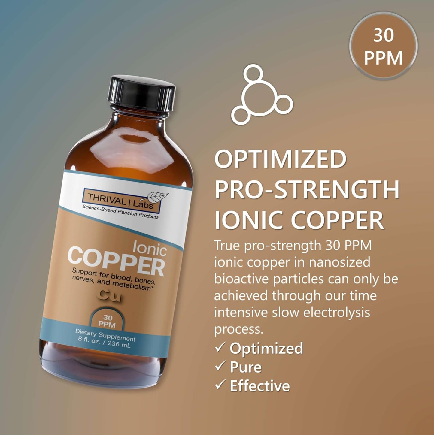 Ionic Colloidal Copper Liquid - 30 PPM for Mental Clarity, Nerve Function, Hair, Skin, Nails, Collagen, Red Blood Cells, Energy Production, Cholesterol, Blood Pressure - 4oz Dropper