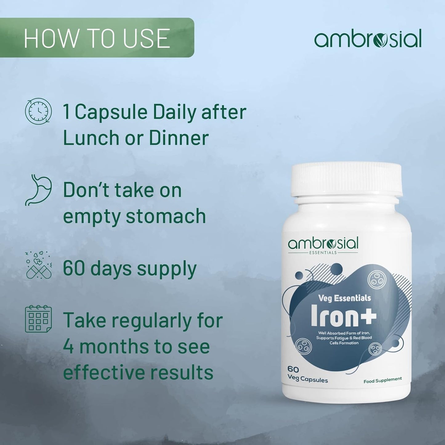 Iron+ 25mg Supplement - 60 Capsules - Boost Energy and Immune Support