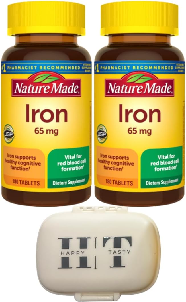 Iron 65 mg Dietary Supplement for Red Blood Cell Support, 180 Tablets, 2-Pack Bundle with Travel Pillow Case