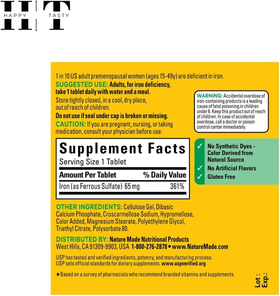 Iron 65 mg Dietary Supplement for Red Blood Cell Support, 180 Tablets, 2-Pack Bundle with Travel Pillow Case
