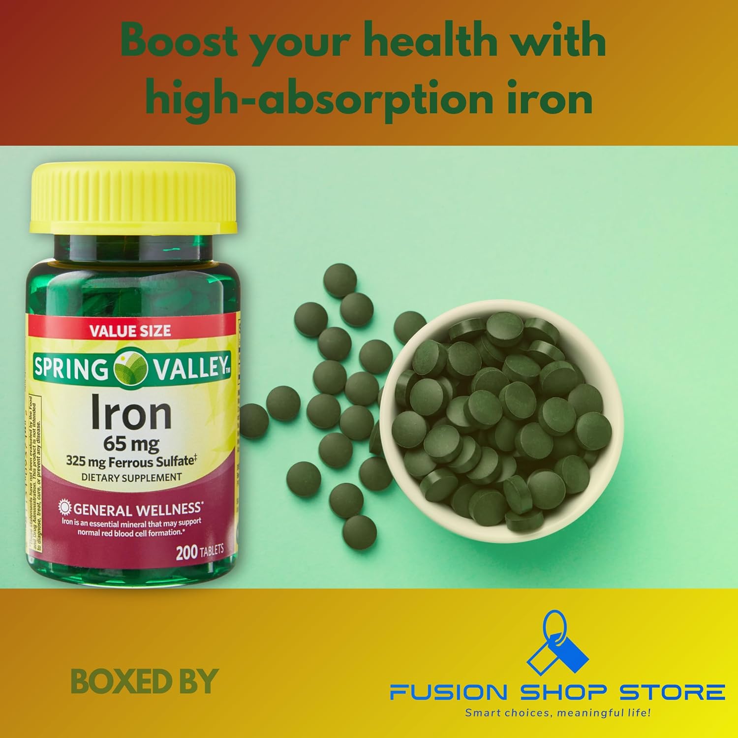 Iron 65mg Ferrous Sulfate Dietary Supplement 200ct - Fusion Shop Store - Boxed Pack of 1