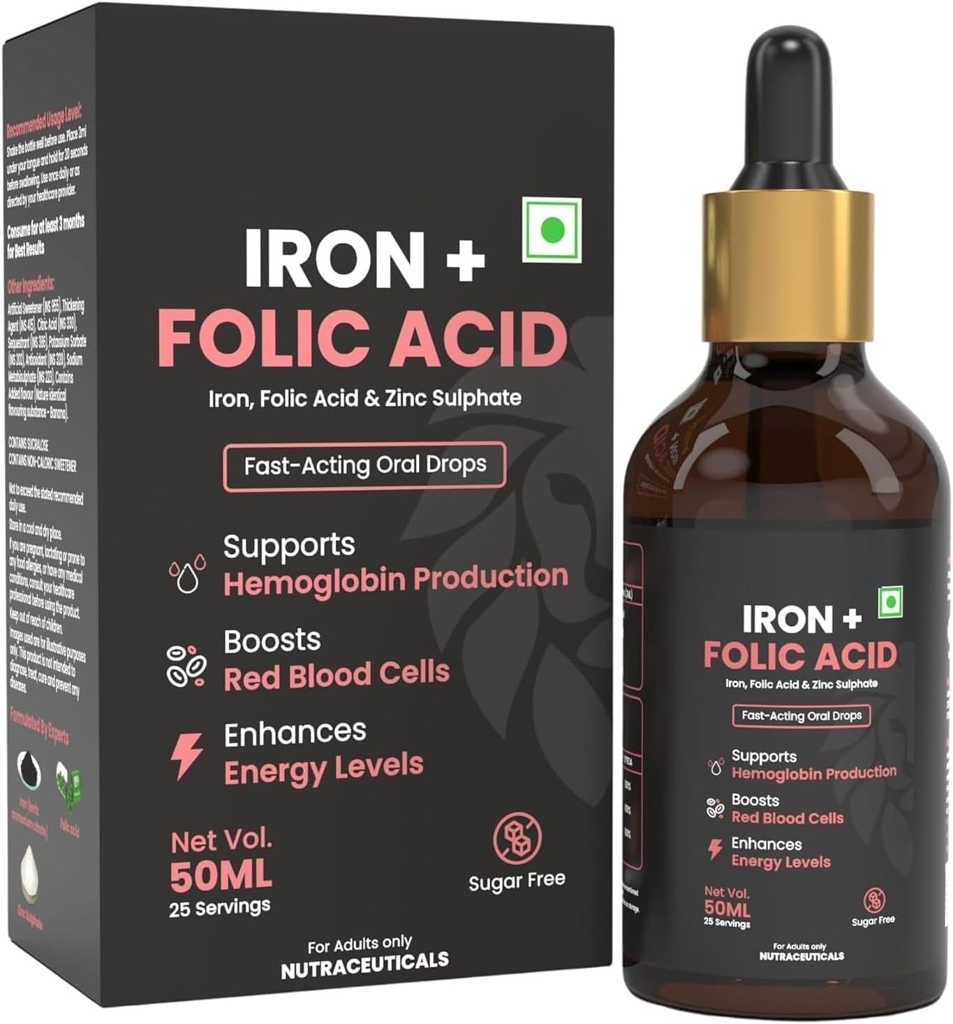 Iron and Folic Acid Drops with Zinc - Liquid Supplement for Fast Hemoglobin Boost - Non-Constipating Formula for Men and Women - 50ml