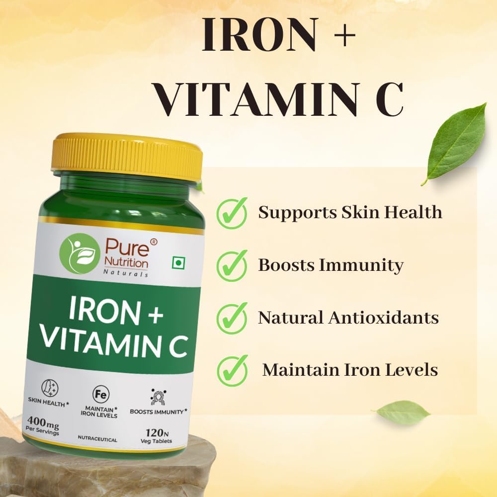 Iron and Vitamin C Supplement for Men and Women - 120 Veg Tablets | Promotes Haemoglobin Production, Skin Health, Immunity, and Iron Levels