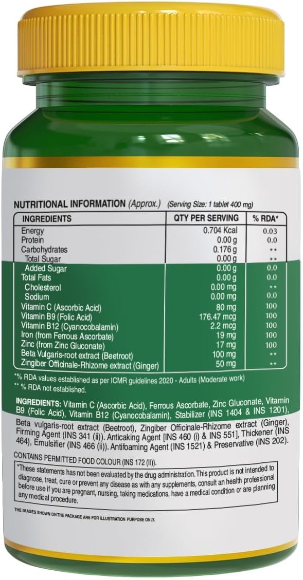 Iron and Vitamin C Supplement for Men and Women - 120 Veg Tablets | Promotes Haemoglobin Production, Skin Health, Immunity, and Iron Levels