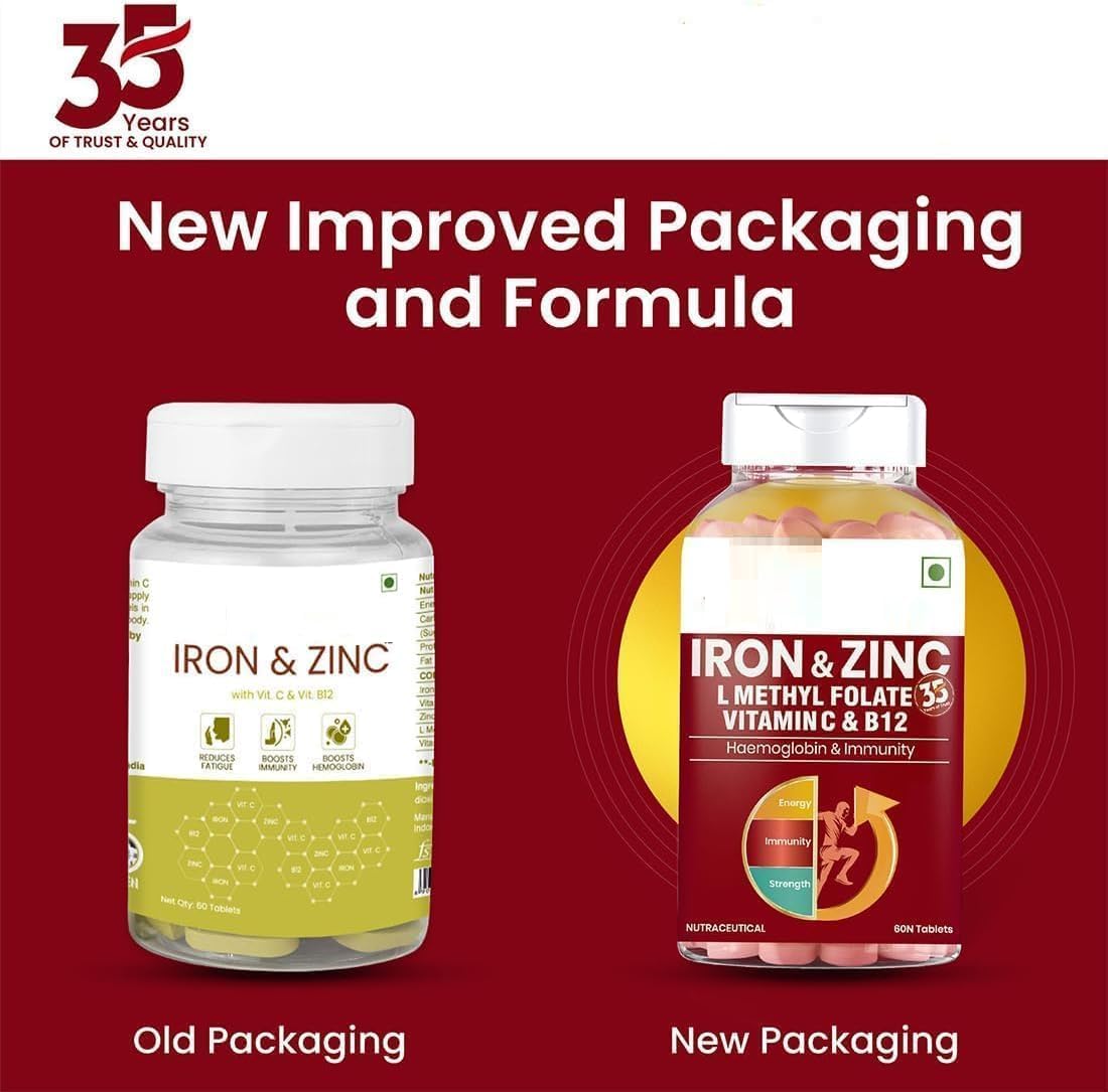 Iron and Zinc Tablets with Vitamin C and B12 - Boost Immunity and Hemoglobin, Increase HB Level, Support Healthy Iron Levels, Reduce Fatigue, Improve Respiratory Health and Energy - 60 Tablets