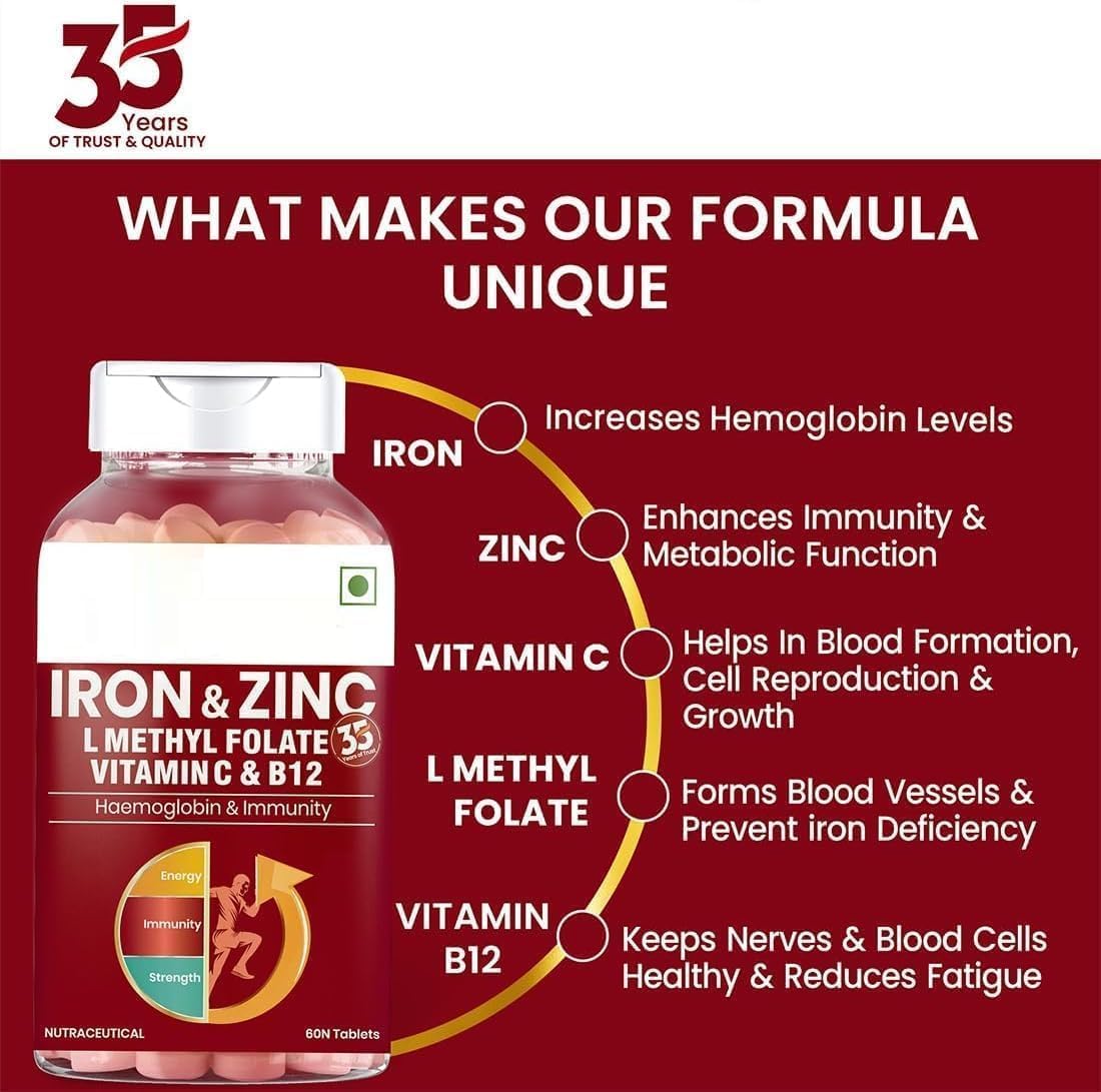 Iron and Zinc Tablets with Vitamin C and B12 - Boost Immunity and Hemoglobin, Increase HB Level, Support Healthy Iron Levels, Reduce Fatigue, Improve Respiratory Health and Energy - 60 Tablets