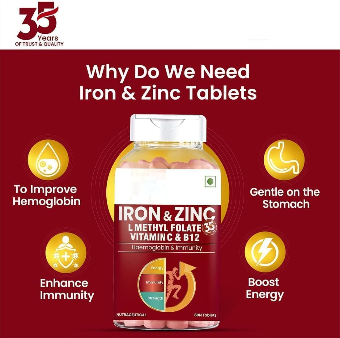 Iron and Zinc Tablets with Vitamin C and B12 - Boost Immunity and Hemoglobin, Increase HB Level, Support Healthy Iron Levels, Reduce Fatigue, Improve Respiratory Health and Energy - 60 Tablets
