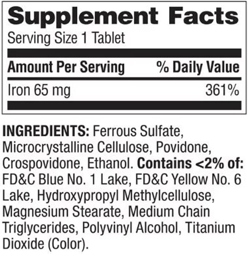 Iron Dietary Supplement Tablets for General Wellness - 65 mg, 100 Count